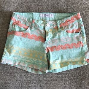 Printed denim shorts